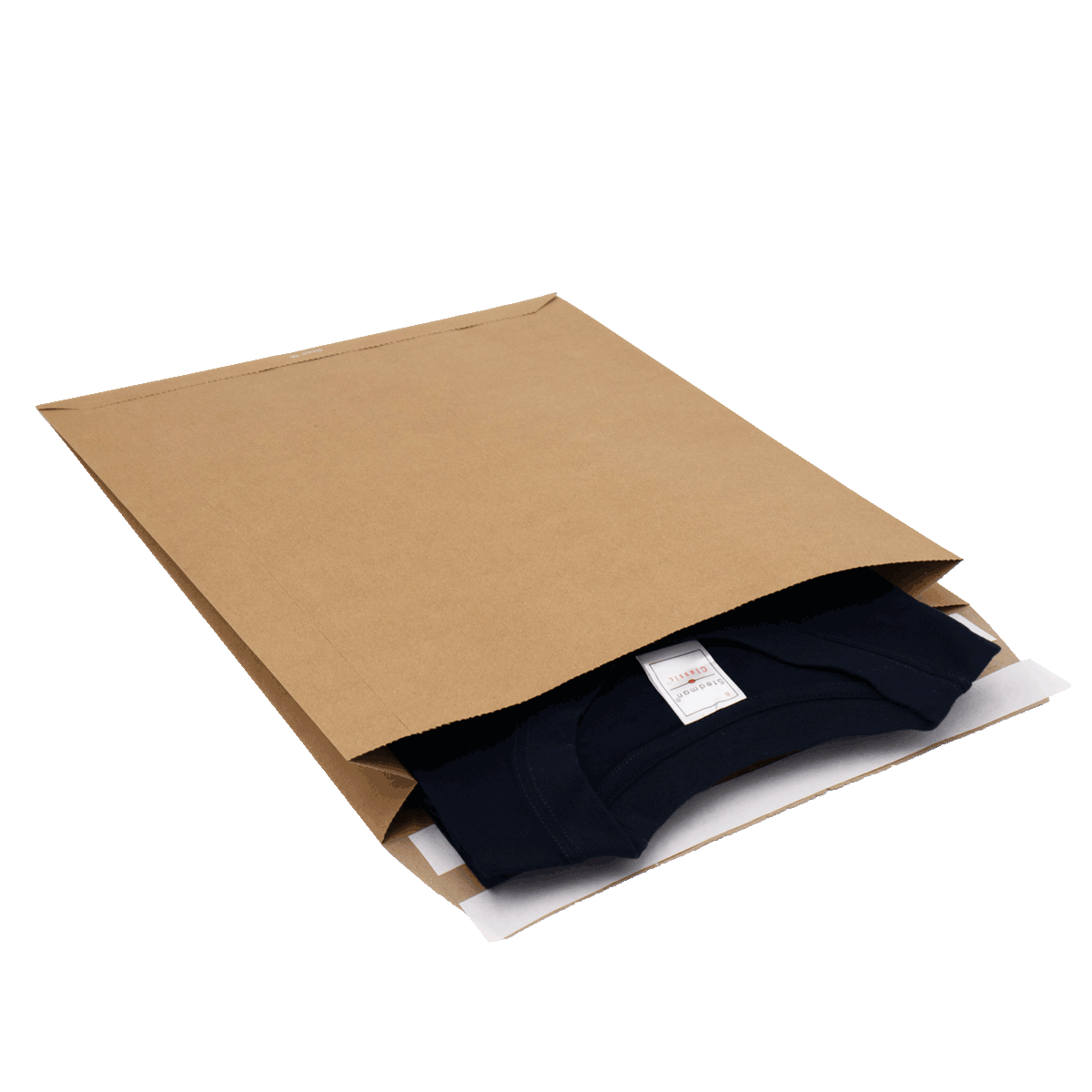 Versandtasche aus Papier L mit einem dunkelblauen TShirt