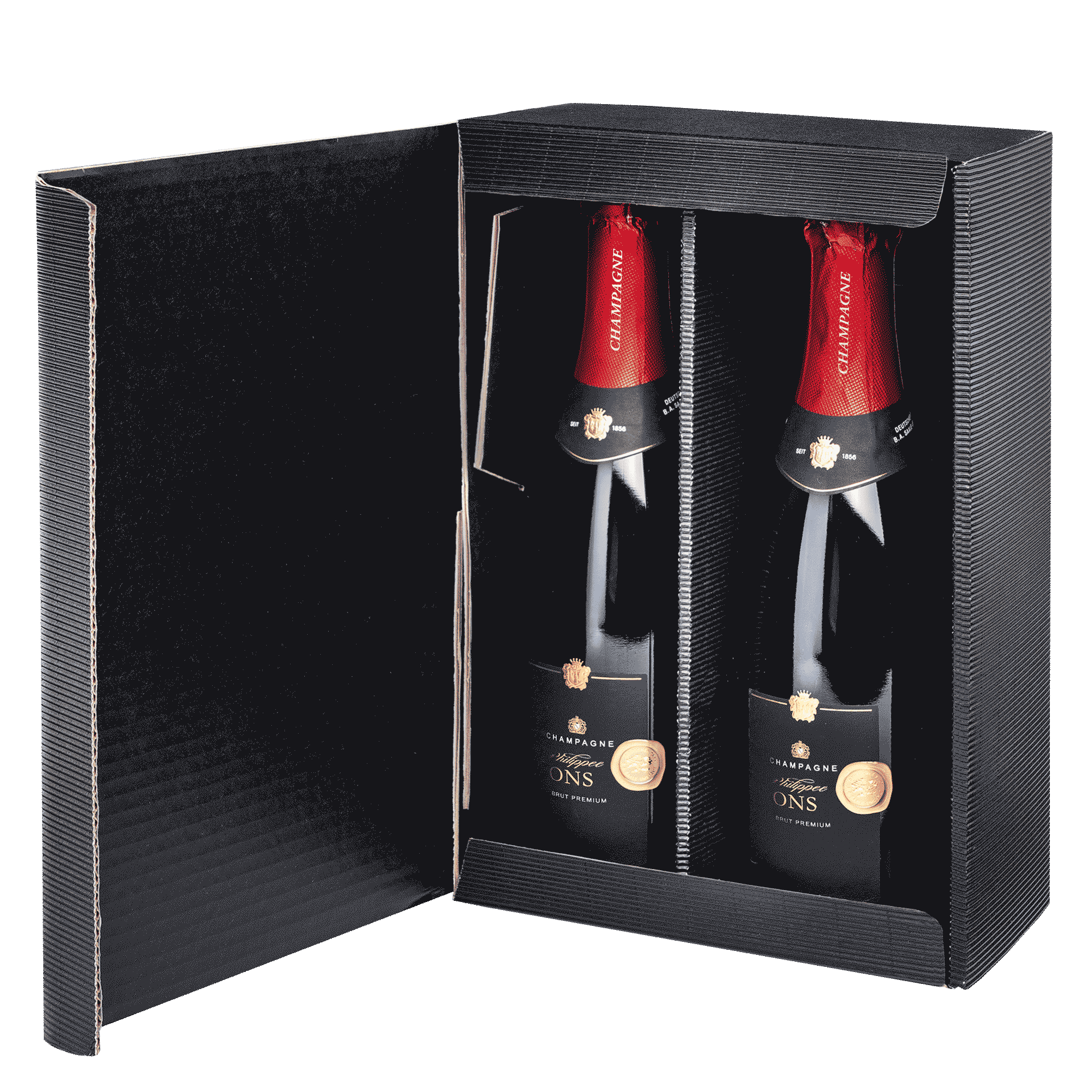 2er PV Champagner schwarz  geöffnet mit zwei Flaschen