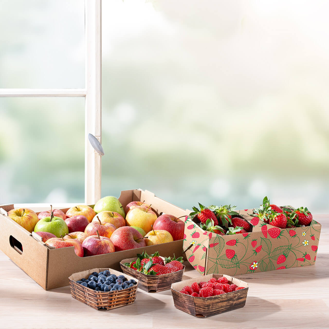 Verschiedene Obstverpackungen für jeden Anspruch mit Obst gefüllt