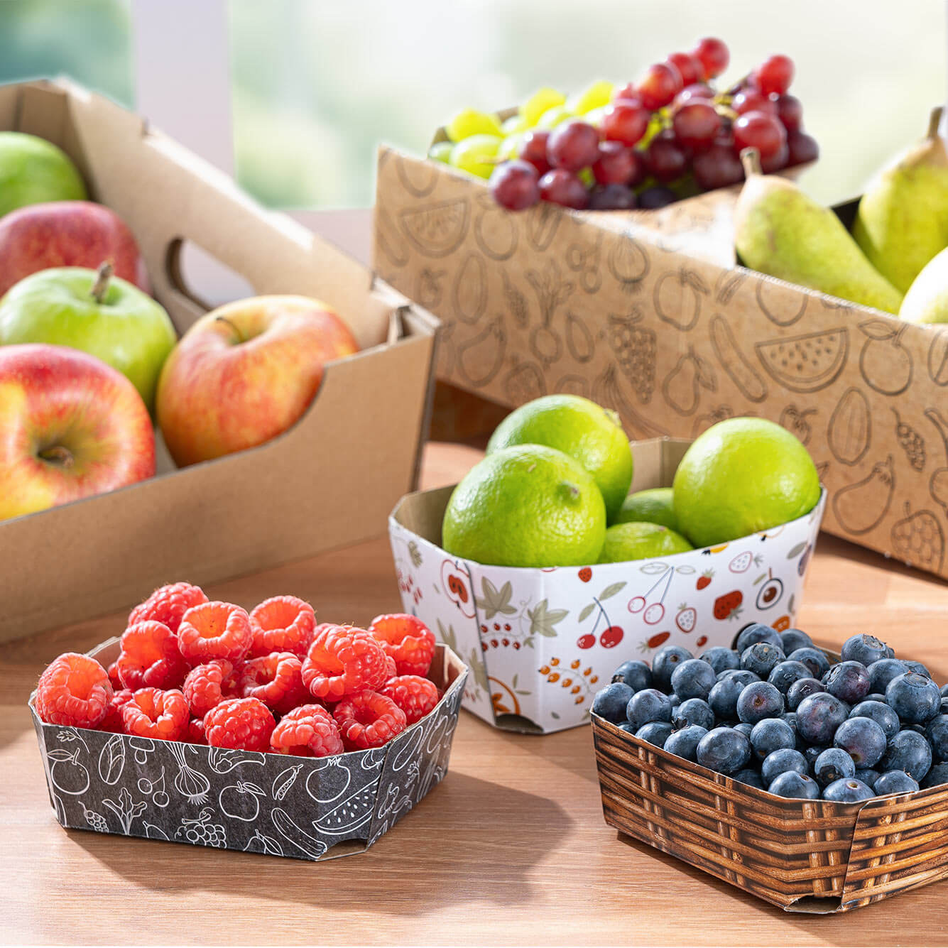 Verschiedene Obst und Gemüseschalen mit Limetten, Himbeeren und Blaubeeren sowie Obstkörbe